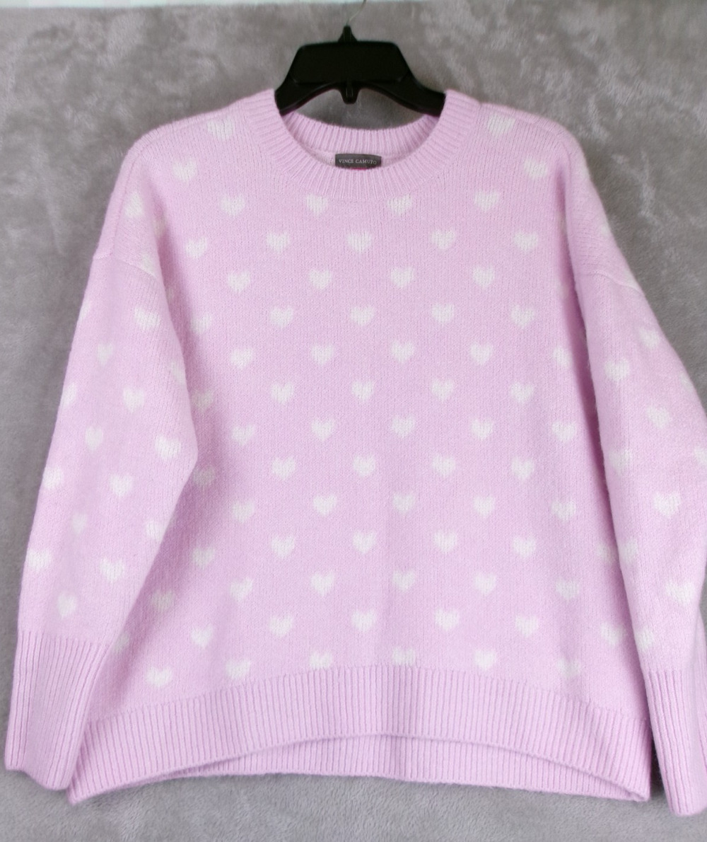 Vince Camuto Pink White Heart Pattern Cozy Crewneck Valentine Knit Sweater XS
